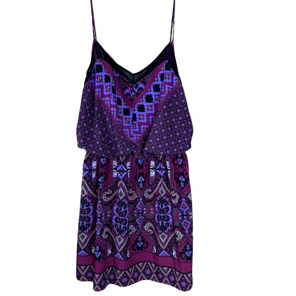 Express Purple Geometric Ikat Print Blouson Mini Dress Mesh V-Neck Womens Medium